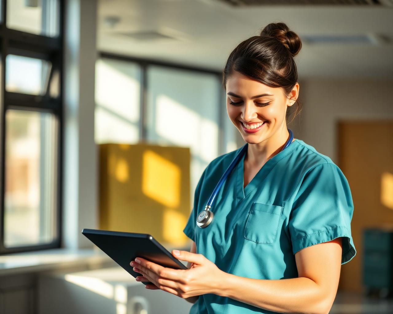 A UK nurse in scrubs smiling while reviewing opportunities on a tablet in a sunlit hospital area