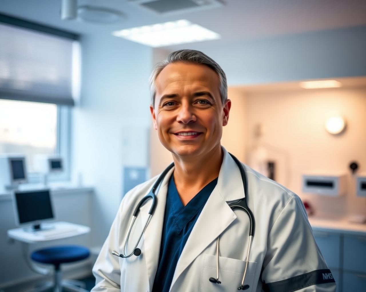 A UK doctor in a white coat and navy scrubs standing in a bright NHS consultation room