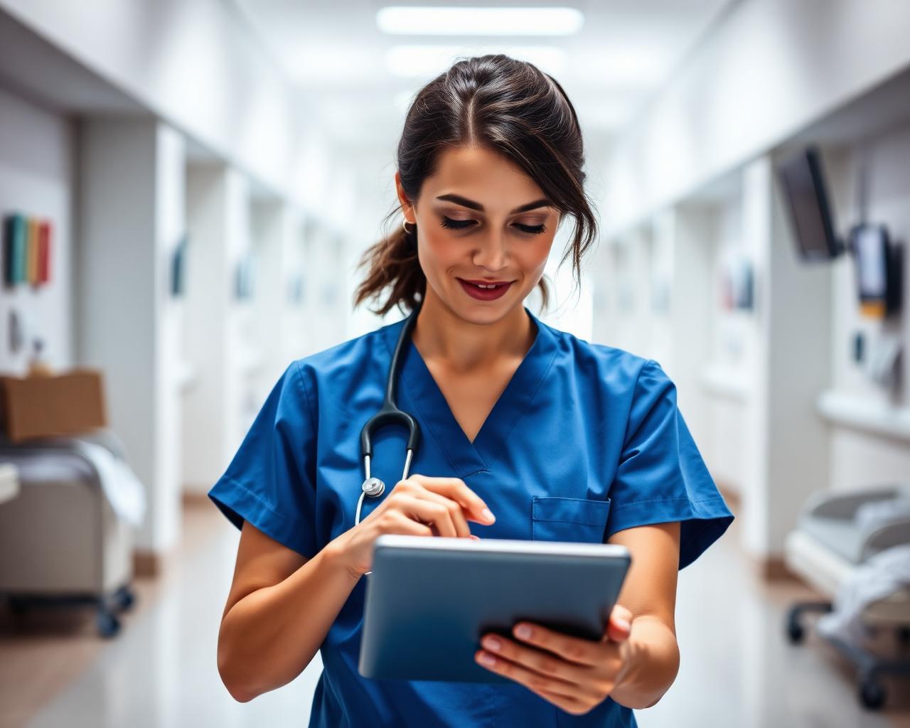 A UK nurse in blue scrubs reviewing patient notes on a tablet in a bright modern hospital ward
